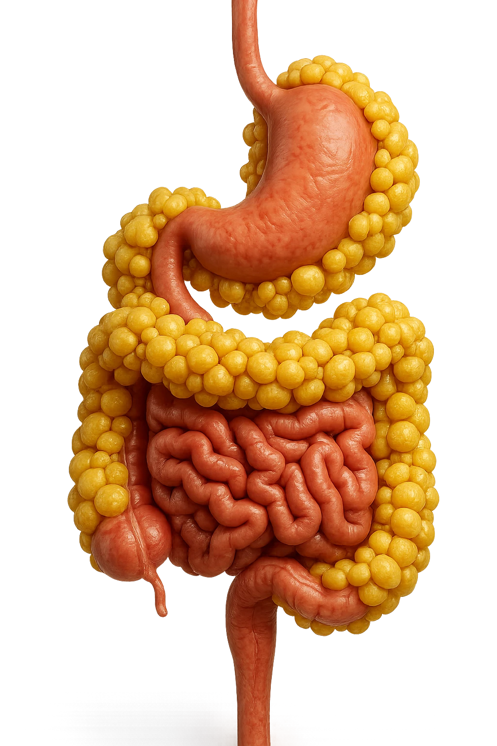STOMACO E INTESTINO SONO VERTICALMENTE COLLEGATI E INTORNO A QUESTI ORGANI CI SONO CELLULE DI GRASSO GIALLE ATTACCATE SOPRA A GRAPPOLI, IPERREALISTICO 4K emoji