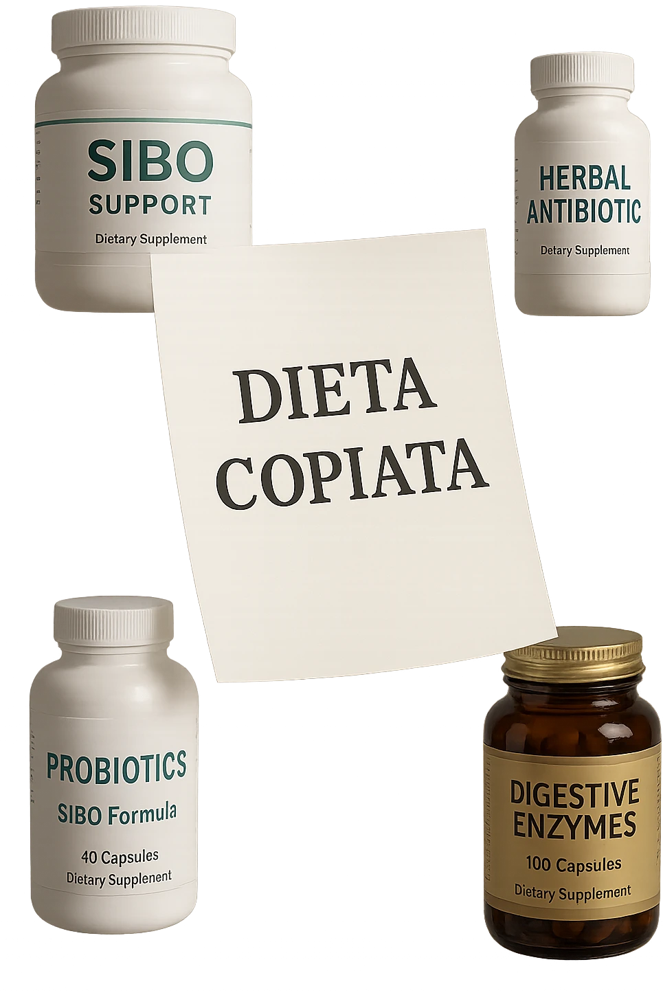 FOGLIO DI CARTA FLUTTUA IN ARIA CON LA SCRITTA "DIETA COPIATA", INSIEME A BARATTOLI DI INTEGRATORI PER CURARE IL SIBO, IPERREALISTICO 4K, NON DISEGNATO emoji