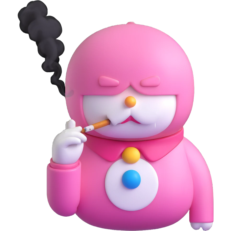 pink Doraemon smoking, close-up, detailed expression emoji