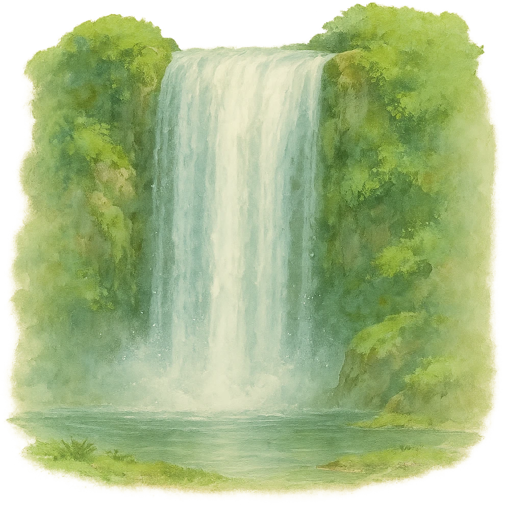 a realistic waterfall, natural colors, soft, fairy-like atmosphere, no background, square size emoji