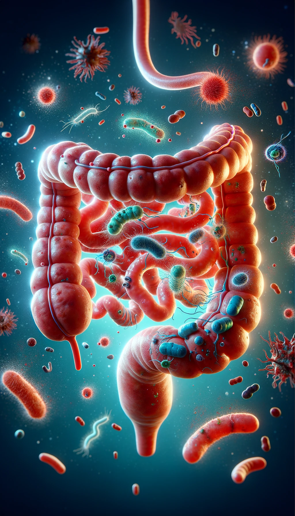 intestino umano realistico con batteri e parassiti che gli fluttuano intorno, iperrealistico 4k emoji