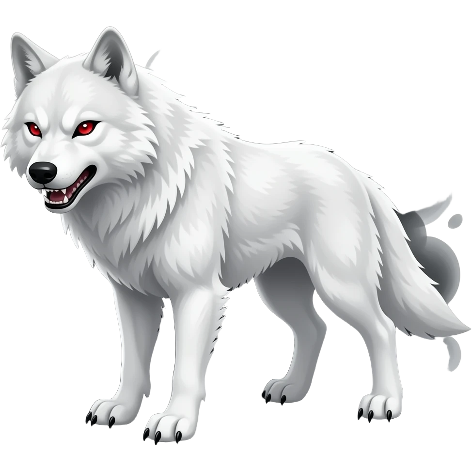 red sharp eyes, furious looking white wolf with fading black smoke and word "𝓐𝓼𝓴𝓲𝓶" watermared on wolf emoji