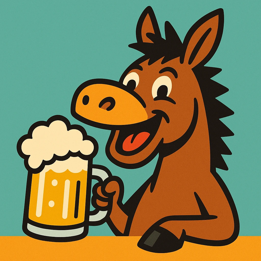 a mule drinking a beer, playful cartoon style emoji