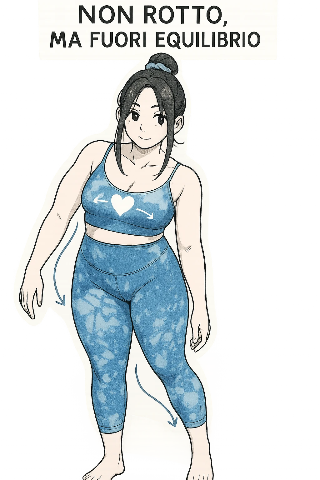 stile manga a woman stands in a relaxed pose, with a gentle, confident expression. Her body is shown with subtle, curved lines or arrows indicating areas of imbalance (such as a slight tilt in the shoulders or hips), but no signs of injury or damage. A soft glow or heart symbol at her core emphasizes resilience and the message “Non rotto, ma fuori equilibrio” The background is clean and clinical, with light blue tones. emoji