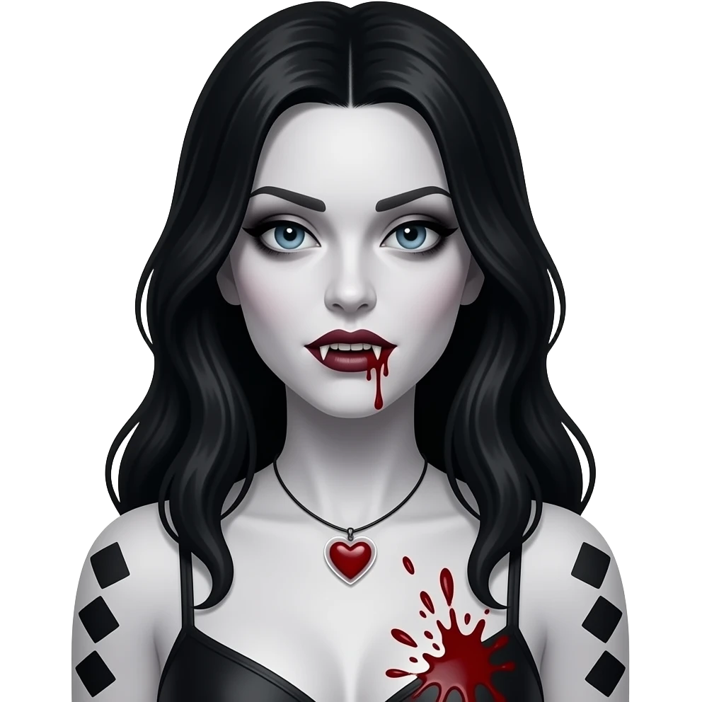 Faça uma mulher igual a katherine Pierce em forma de vampira com cabelos longos pretos seis marcando top tomara que caia sangue borrifado perto dos seios e colar minimalista e pequeno de coração transparente com sangue dentro emoji