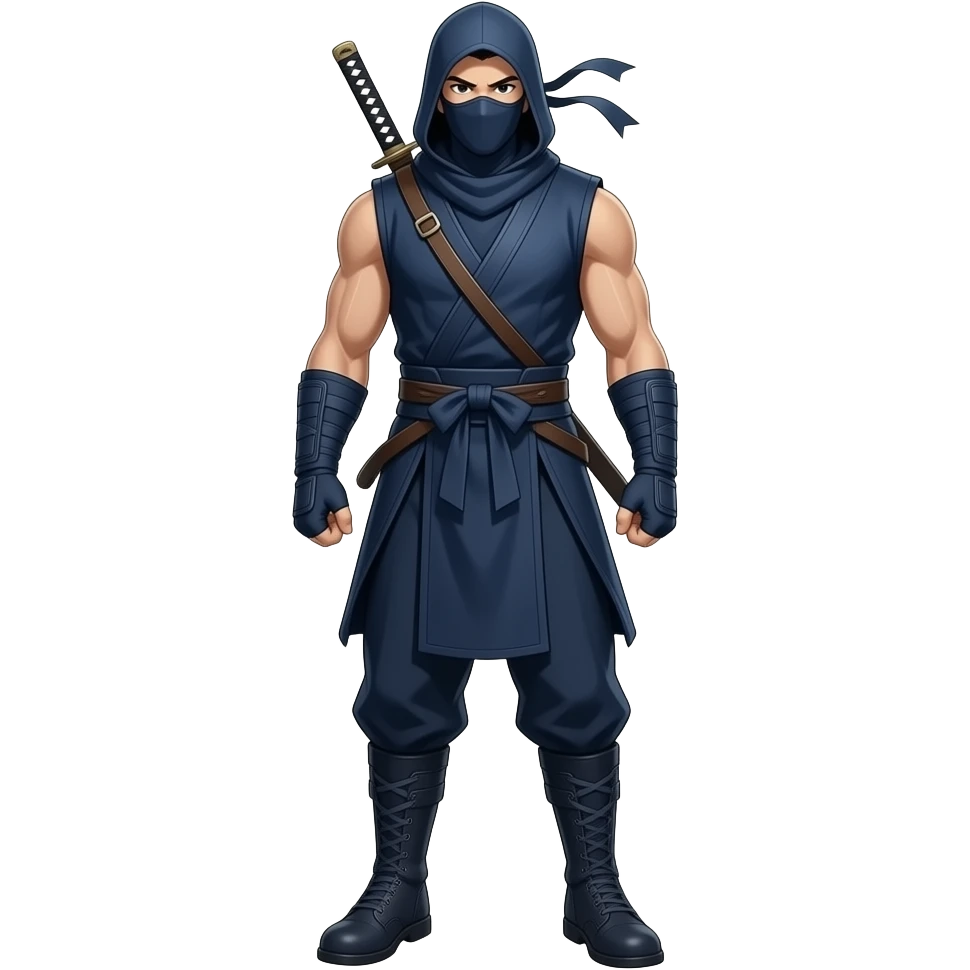 Anime ninja dark blue sleeveless hood sword in the back dark blue pants and dark blue boosts dark blue masks look superstrong very tall full body emoji