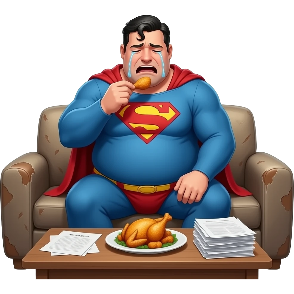 Fat Superman obese eating fried chicken while crying over his divorce emoji
