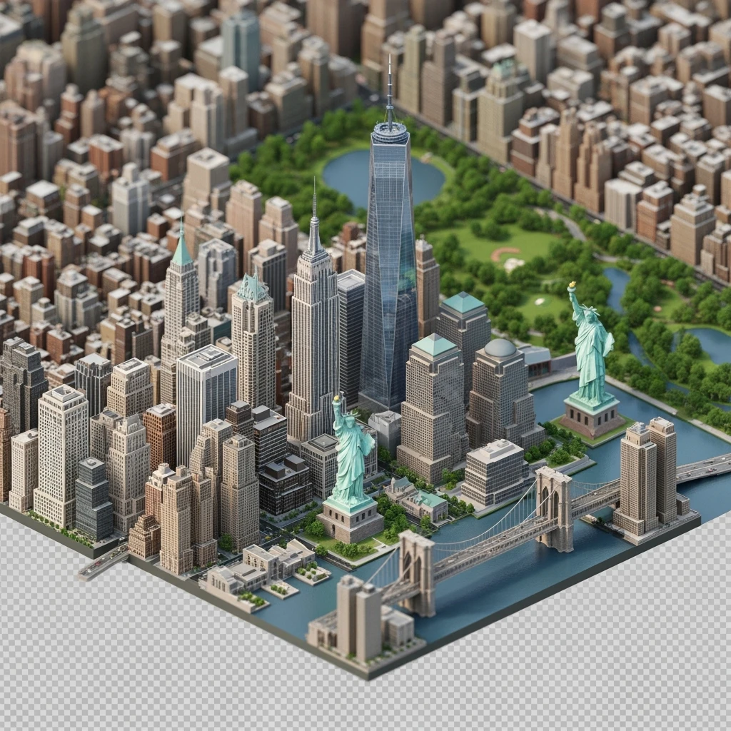Isometric miniature of New York Сity Empire State Building, One World Trade Center, Statue of Liberty, Brooklyn Bridge, and Central Park chaotic low-rise blocks in outer boroughs 3D miniature effect and Tilt Shift effect, no cartoonish look, transparent background. emoji