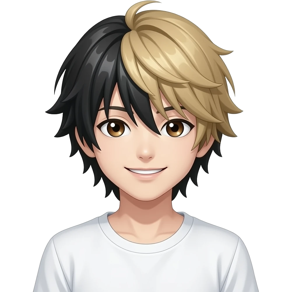 L der Anime Charakter von death note er hat schwarzr haare nd blond er hat braune augen sehr blasse haut weißes t-shirt eine person er lächelt nich emoji