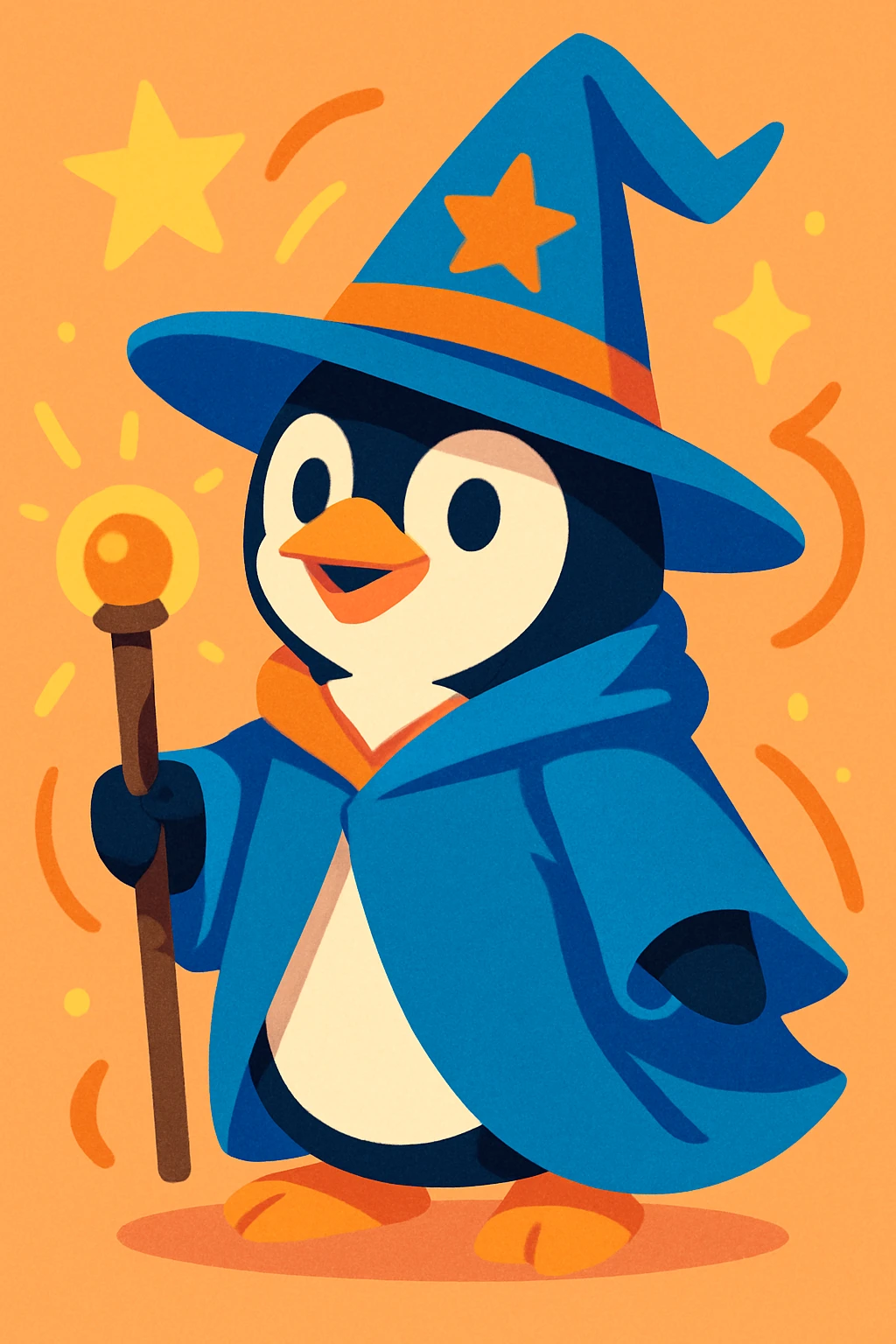 fun and whimsical style penguin dressed as a wizard, with a pointy hat and a magic staff emoji