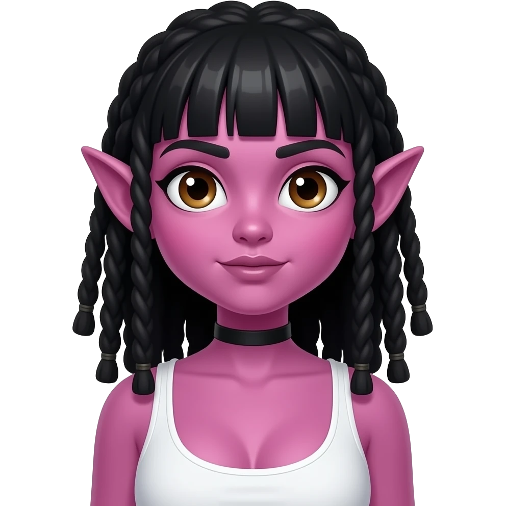 놀란 동공. 커다란 눈. 하얀 동공에 갈색렌즈. 살색의 뾰족하고 커다란 귀. 진한  보라빛 핑크색 밝은 스킨. 붉은 홍조. 이마 주름은 없고 입은 O모양. 앞머리있는 검정 긴생머리.드레드헤어. 흰색 나시를 입고 큰 가슴. 목에는 검정색 얇은 띠의 초커. emoji