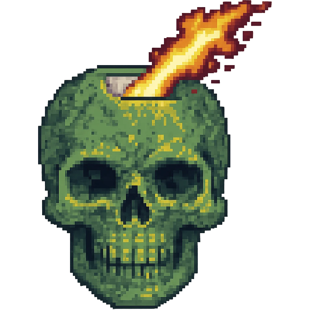 Make only the top of the skull's head explode, keep the rest of the skull intact, in pixel art style with no background. emoji