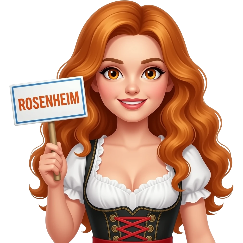 sexy girl with long curvy ginger hair and ginger eyes wearing a dirndl is holding a ROSENHEIM sign, emoji