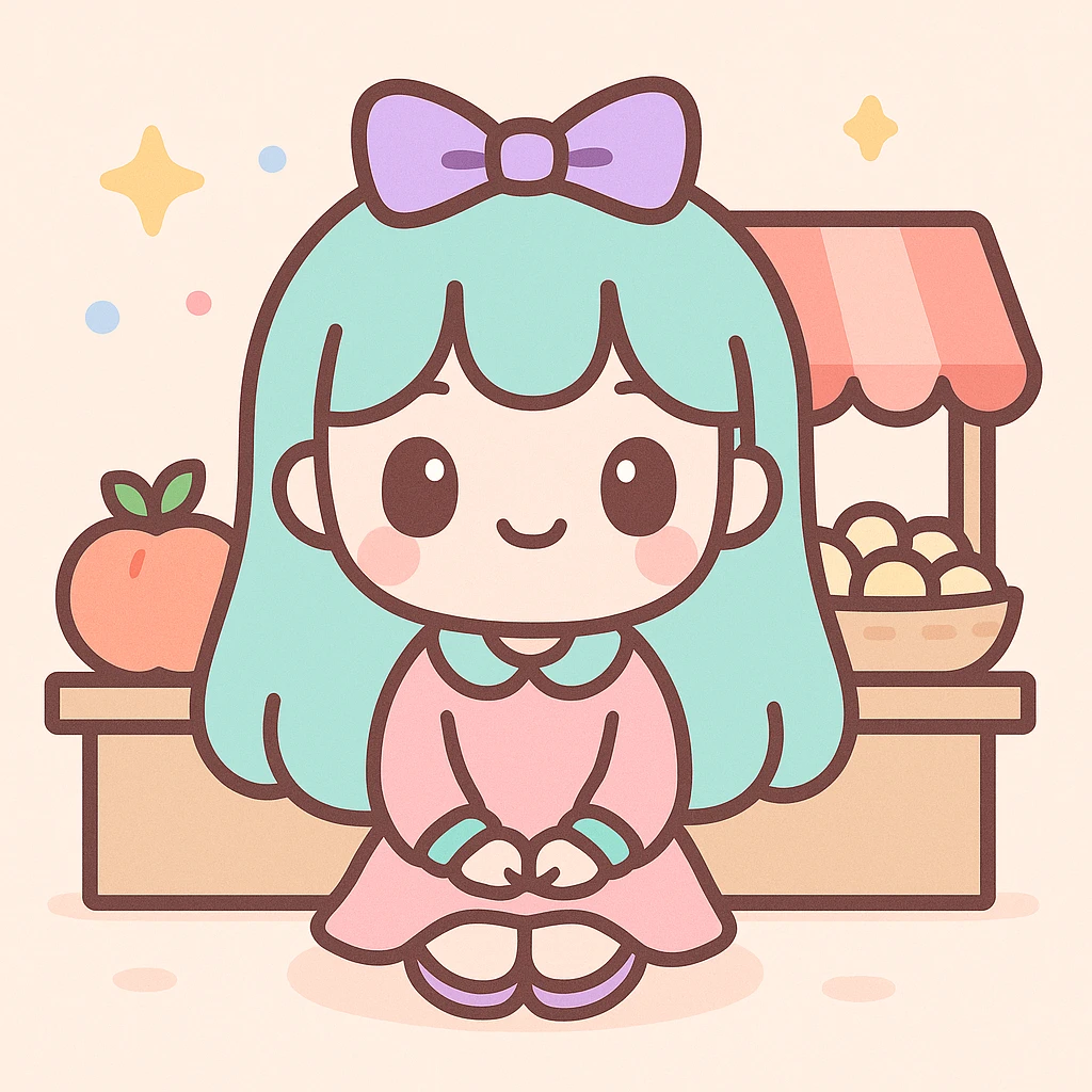 girl sitting on the marketplace, kawaii style emoji