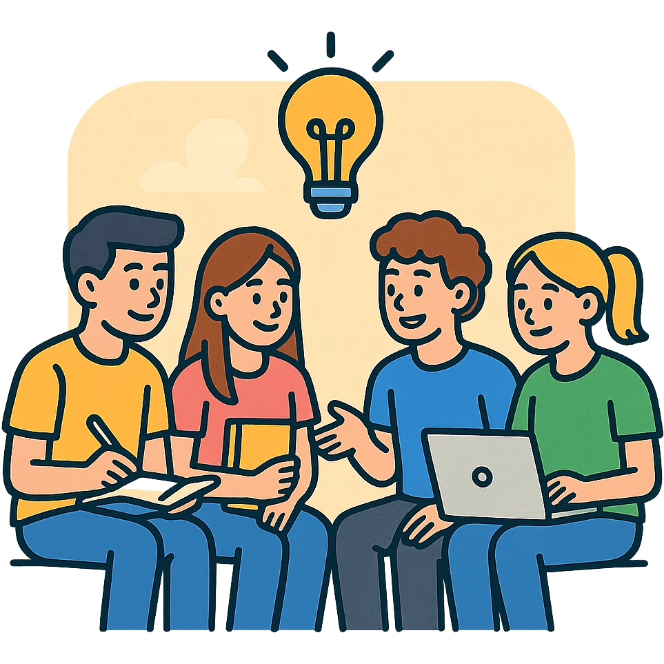 four young students with notebook and laptop, exchanging ideas in a relaxed atmosphere, soft and welcoming background, vector drawing style emoji