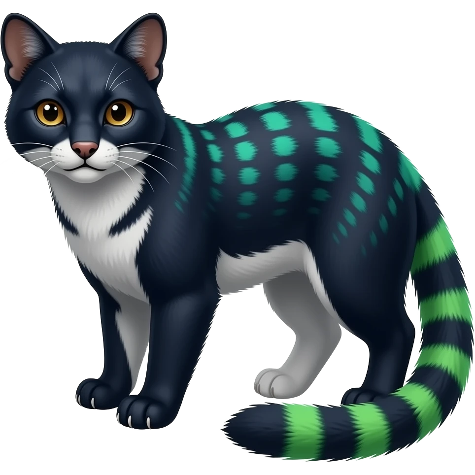 Colorful realistic silky smooth glossy tropical thin exotic beautiful lanky gradient-colored cobalt-blue-obsidian-black-neon-green-gradients, with white underside, iridescent glorious fantasy-civet-genet-Cacomistle-civet-oncilla-animal-hybrid-fursona with pattern markings (full body) emoji