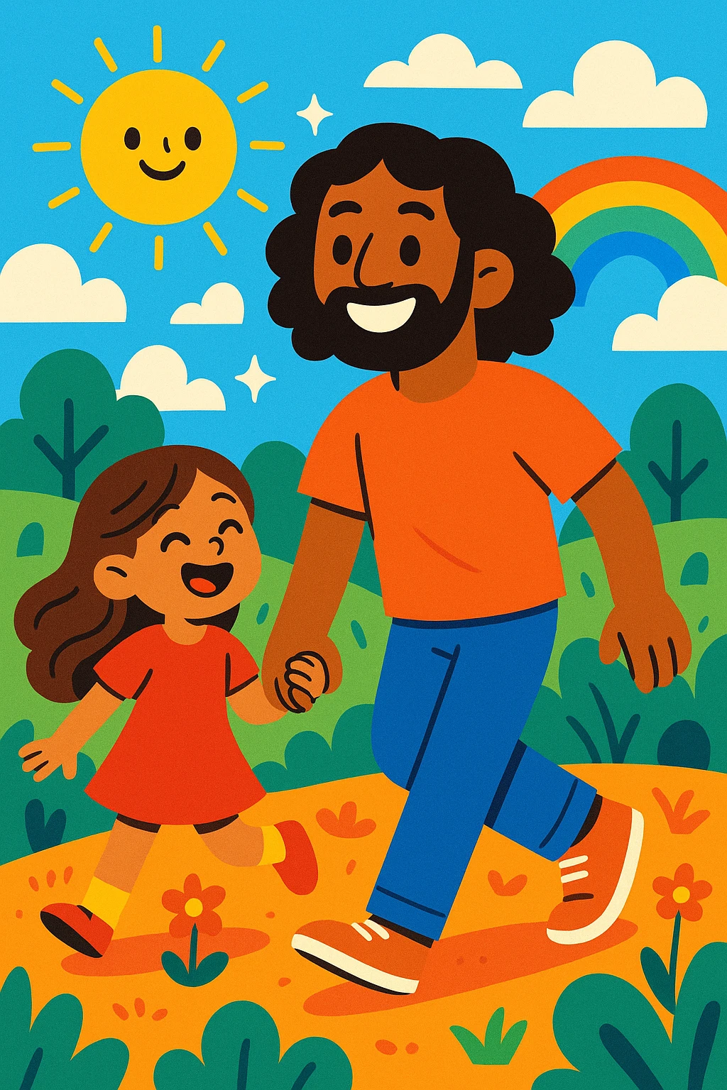 A dad with brown skin and shoulder-length curly black hair, holding hands with a young girl with light brown skin and long wavy brown hair, both cheerful, modern illustration style emoji