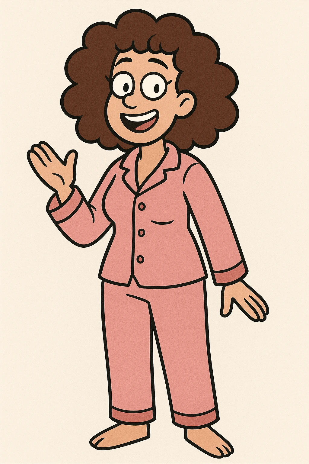 cartoon style smiling woman with curly brown hair wearing pink pajamas, light background emoji
