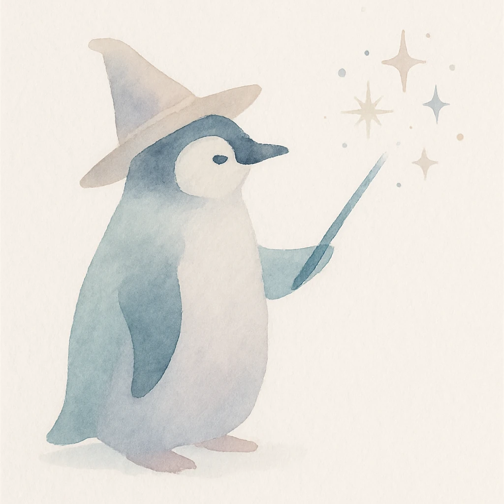 a penguin wizard casting a spell, surrounded by sparkles, soft painterly style emoji