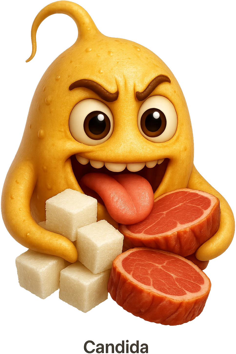 emoji stile iphone realistica di un batterio della candida con espressione affamata che si nutre di zollette di zuccheri e fettine di carne, IPERREALISTICO 4K emoji