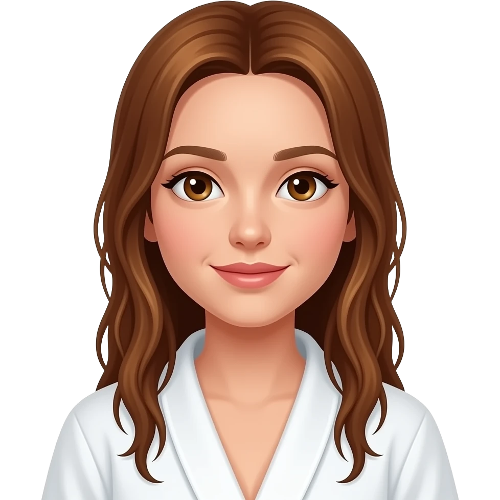 Ginger brown girl in white robe long wet hair relaxing shower skin care eyes brown emoji