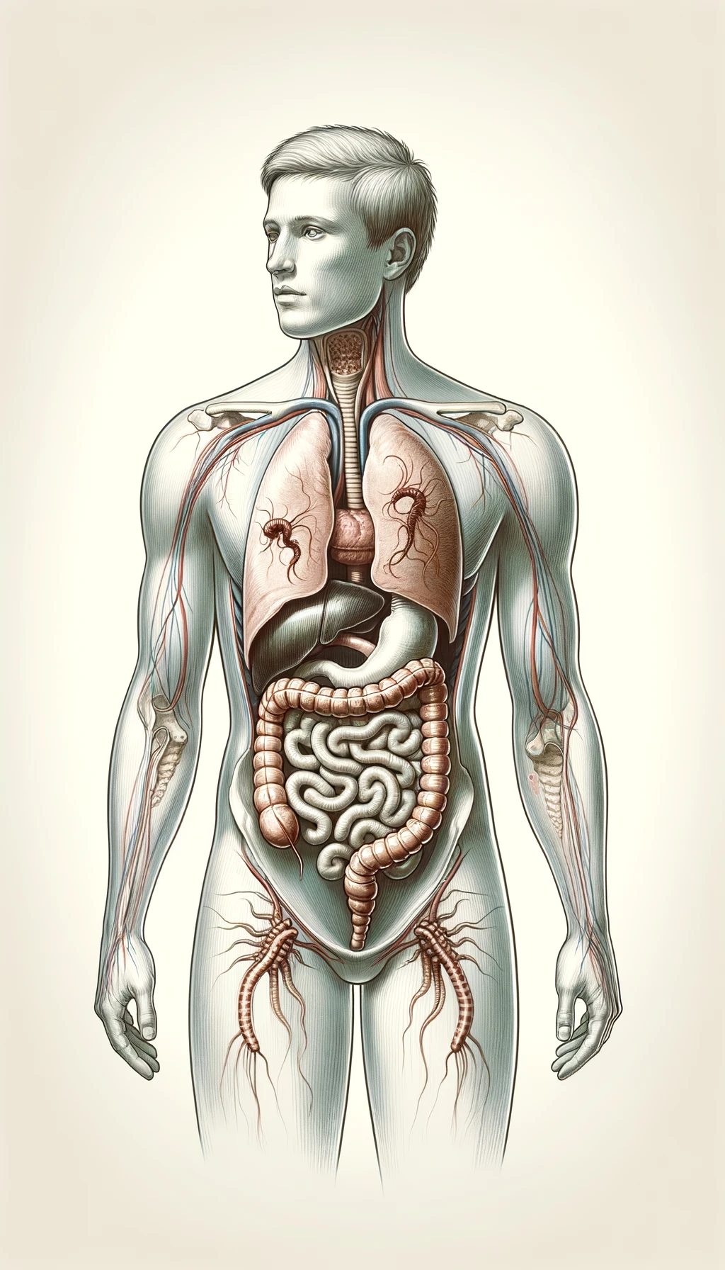 corpo umano anatomico con parassiti tipo la tenia nel corpo, intestino visibile, sfondo neutro chiaro emoji
