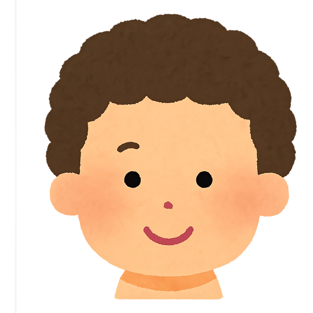 Irasutoya style head, round face, soft colors, simple features, smiling, short afro hair, no neck emoji