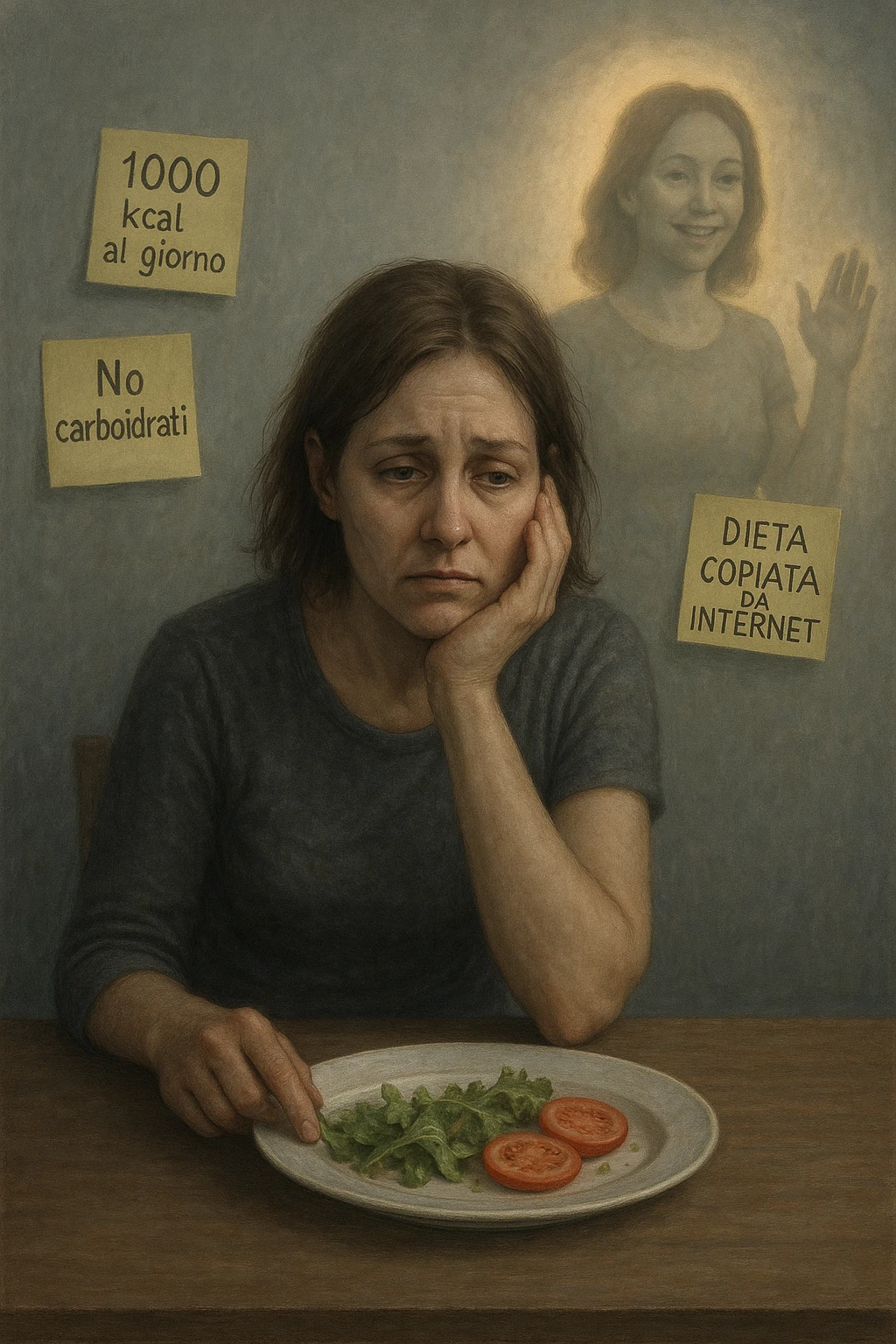 Donna tra i 30 e i 40 anni seduta a tavola, davanti a un piatto quasi vuoto con solo insalata e due fette di pomodoro. Il suo volto è visibilmente triste, stanco, con occhi spenti. Intorno a lei, foglietti attaccati con scritte come '1000 kcal al giorno', 'No carboidrati', 'Dieta copiata da internet'. L’atmosfera è fredda, grigia, priva di energia. Il suo corpo appare spento e scarico. Sullo sfondo, la sagoma di sé stessa più felice e piena di vitalità, come ricordo di un approccio migliore mai seguito. Stile realistico e simbolico emoji