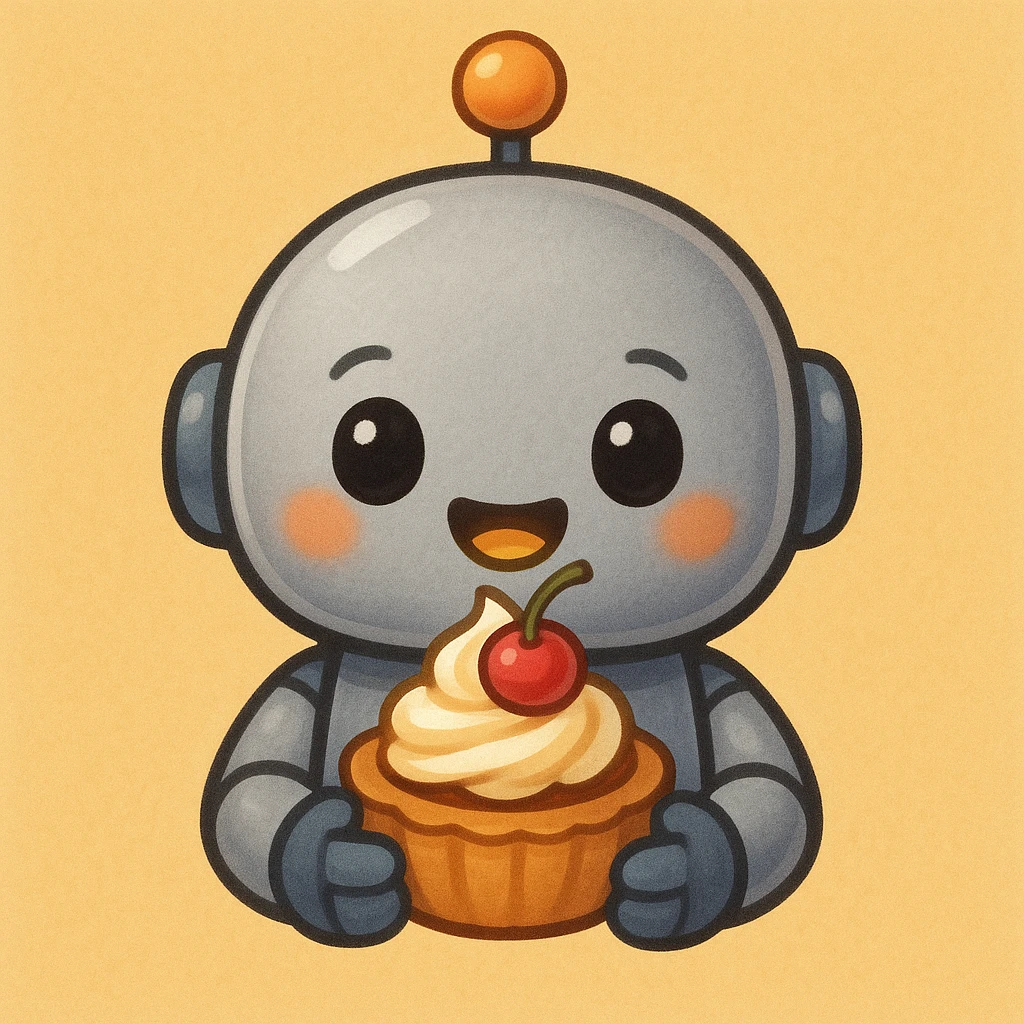 The cute robot is holding dessert in its hands, emoji emoji