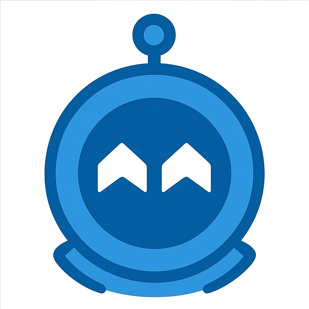 Recreate the Main Assembly Steam icon in a minimalistic, flat blue style consistent with previous icons. Use almost exclusively shades of blue for the round robot head, with a blue outline and blue details. The face should have two simple white chevron shapes for eyes. Keep the style clean and simple, with a fully transparent background, minimal use of other colors, and prioritize clarity and recognizability. emoji