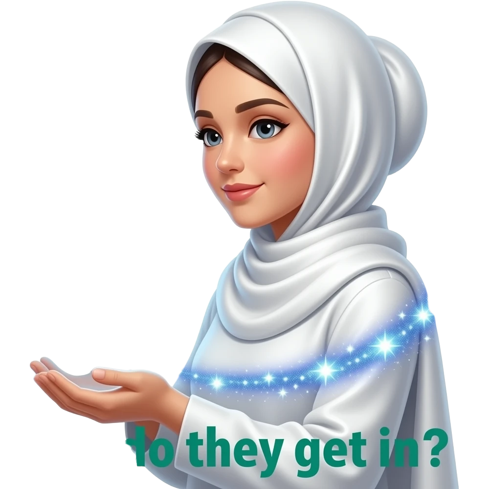 A beautiful woman in a pearl-white satin hijab standing her left around a glowing Patreon logo made of crystalline light. Swirling trails of celestial energy and stardust surround her hands, a emerald text: 'What do they get in?'. Isolated on white, soft pastel colors, 3D icon style, ultra-detailed emoji