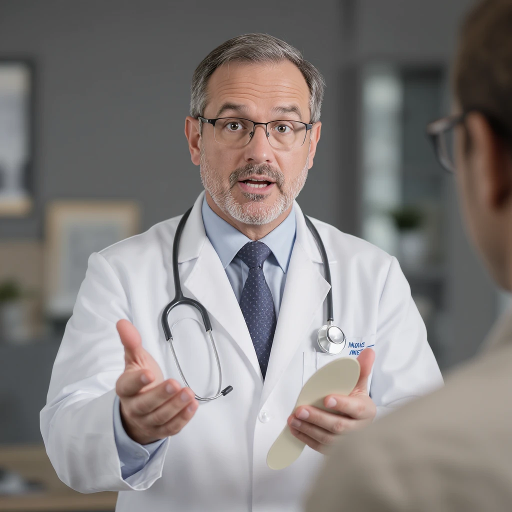 professional illustration of a doctor showing insoles to a client with a gesture suggesting it is not the best solution, 2:3 aspect ratio emoji