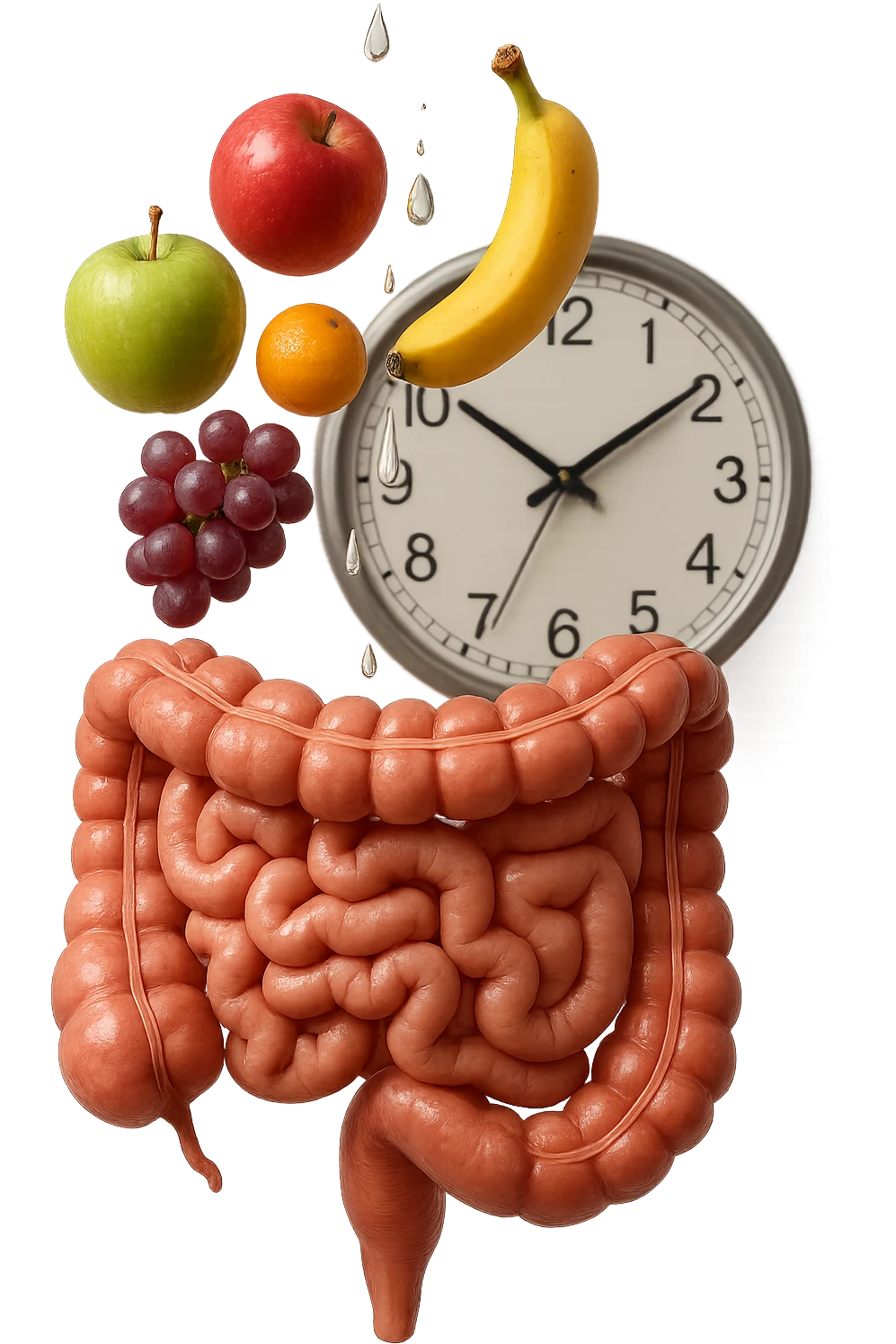 frutta mista cade dall'alto verticalmente insieme a 3 gocce di acqua 3d e un orologio da parete, davanti a questi elementi c'è un intestino umano anatomico iperrealistico emoji