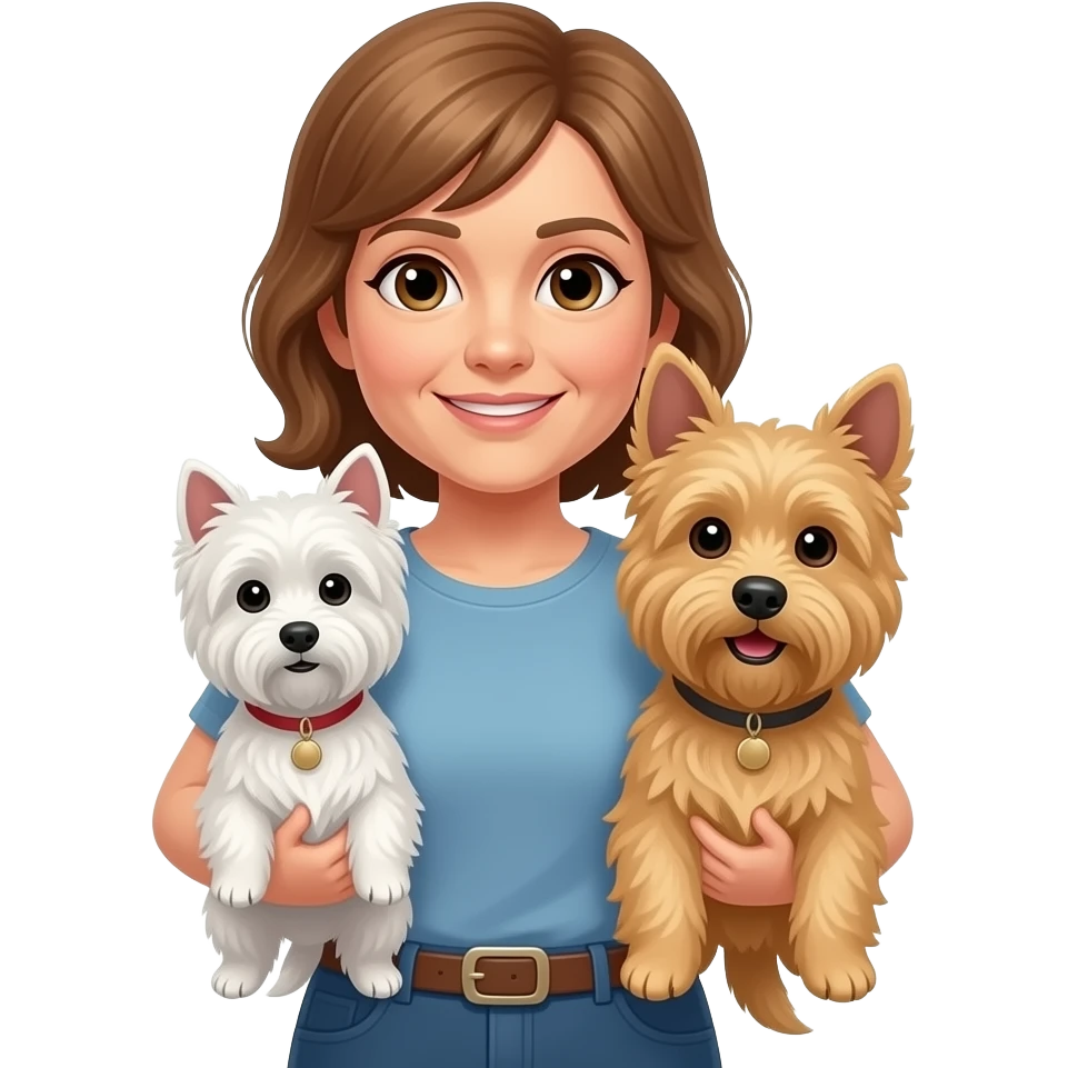 Middle age woman brown eyes , shoulder length light brown hair, with a female westie and a male westie emoji