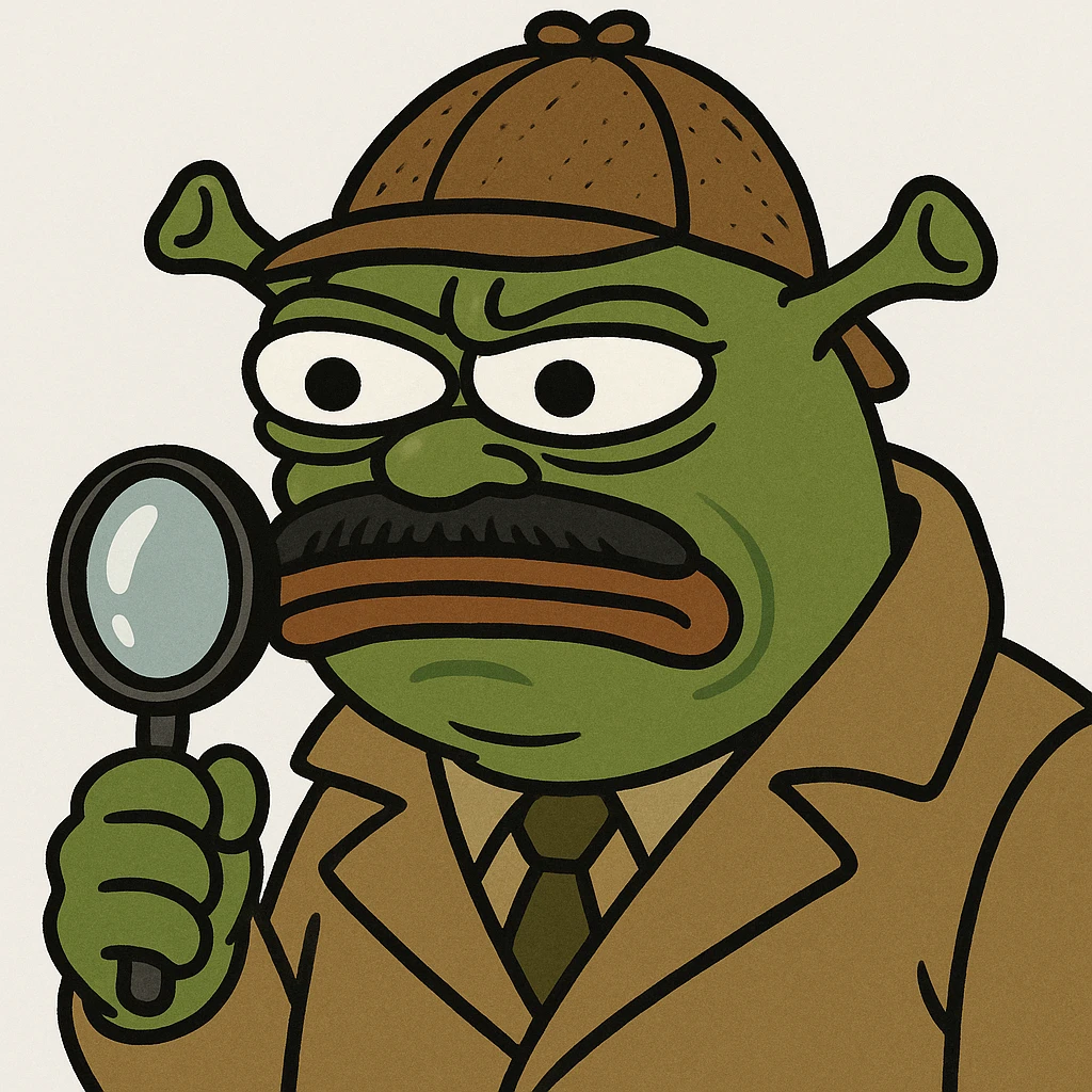 Make this cursed Shrek even more cursed, turning him into a detective searching for clues. Add a detective hat, trench coat, magnifying glass, and a suspicious expression. Emphasize unsettling, bizarre, and grotesque features in the style of Pepe the Frog meme style. emoji