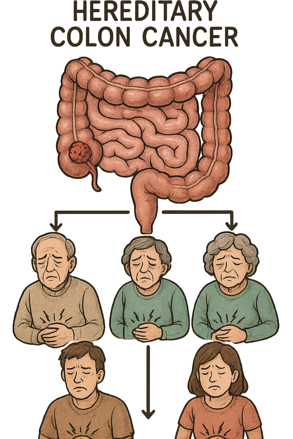 UNA SFILZA DI PARENTI TUTTE MALATE DI CANCRO AL COLON, SI TRAMANDO IL CANCRO NELLE GENERAZIONI, INTESTINO ANATOMICO VISIBILE ED ESPRESSIONE DI DOLORE IN VOLTO, MAL DI PANCIA emoji