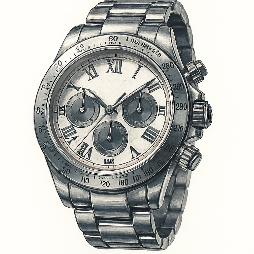 Сгенерируй мне часы металические, дорогие, в чуть рисованном стиле. На чисто белом фоне. БЕЗ НАДПИСЕЙ. Но при этом объмная и яркая emoji