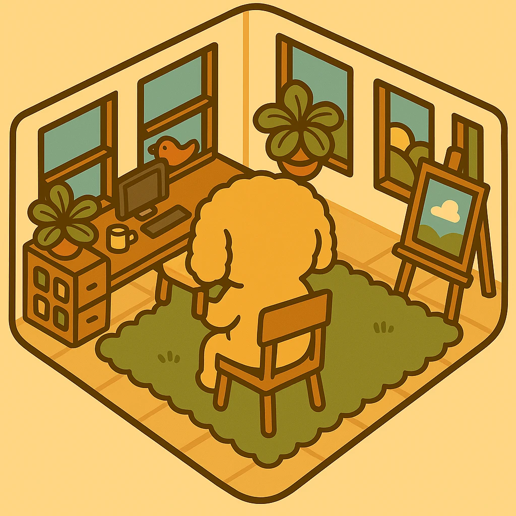 Reposition the dog to be sitting on the chair, facing away, using the computer on the desk, maintaining the original illustration style. emoji