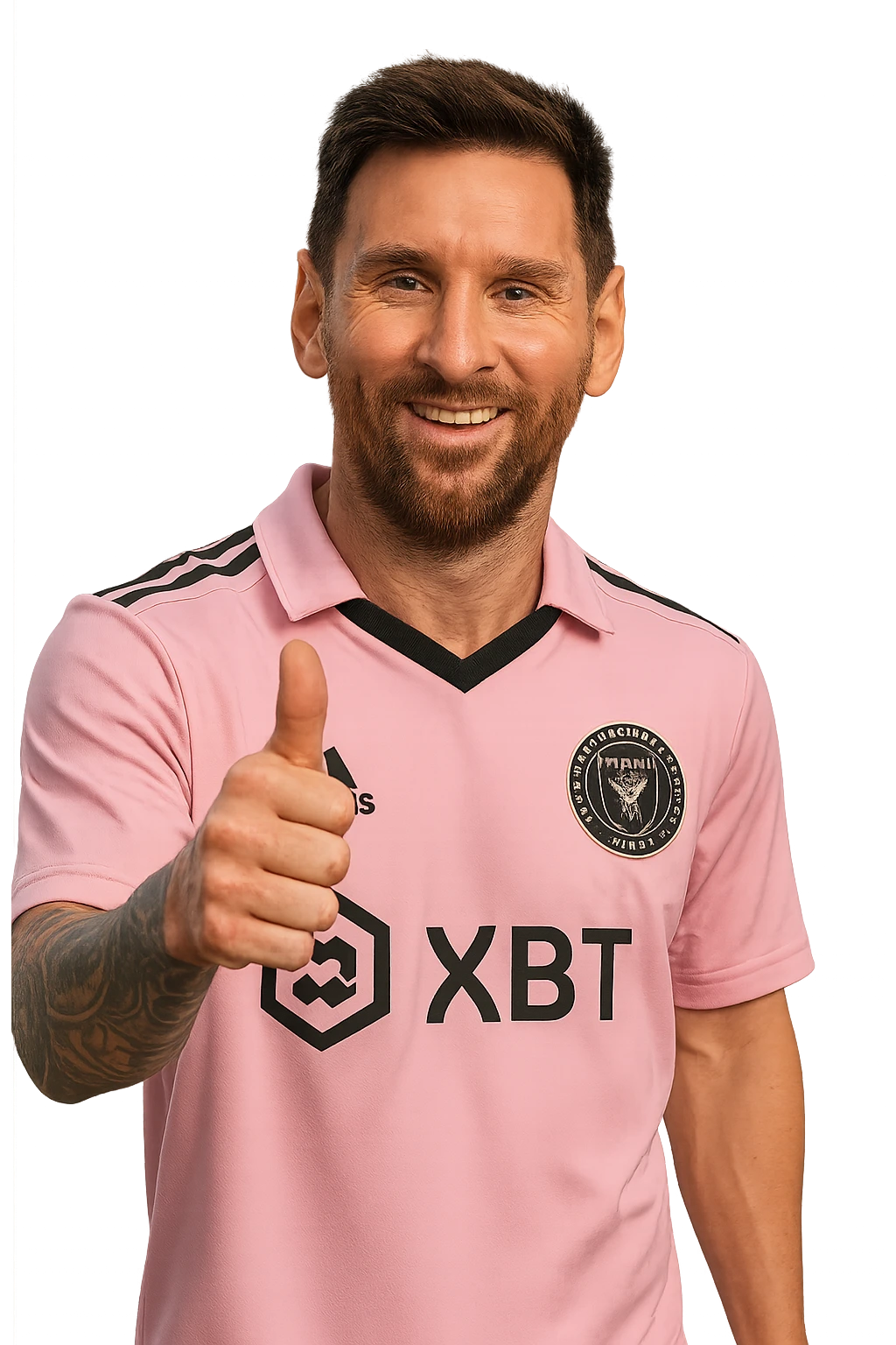 Messi in Miami soccer uniform, realistic style, giving a thumbs up, smiling, pink jersey, no background emoji