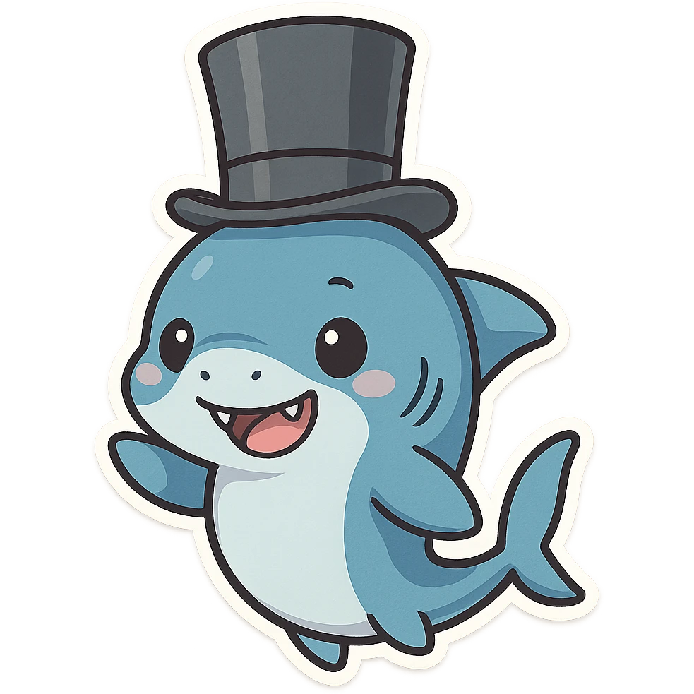 blue shark with a tall top hat, playful expression, cartoon style emoji