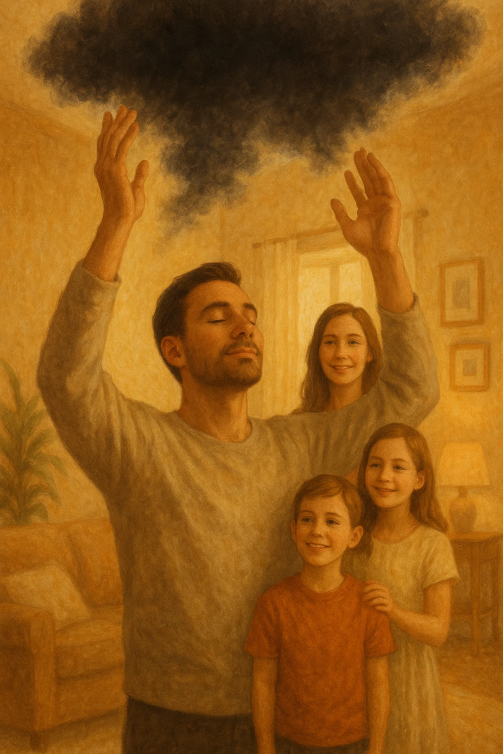 Vertical format: The man collecting and dissolving a dark cloud above him, the woman and family behind him smiling, serene home environment, warm colors. emoji