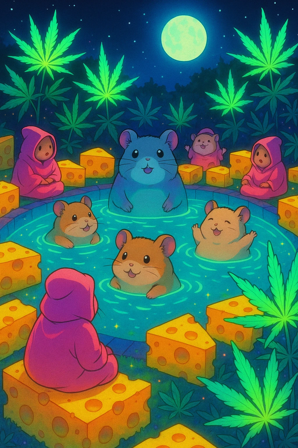 Hamsters in a cult pool party at night, surrounded by cheese and marijuana leaves, neon colors, glowing effects, dreamy vibrant look, Ghibli-inspired emoji