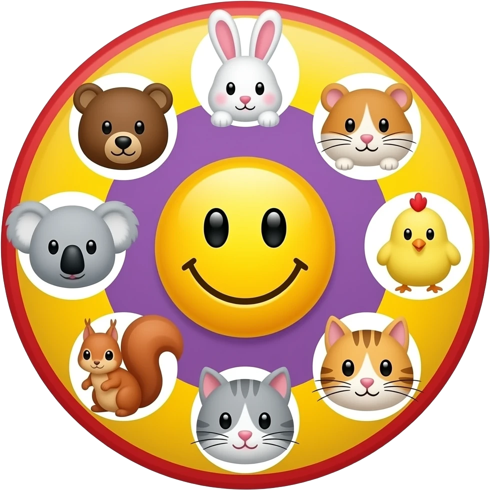 emoji yellow smiley in the center,serounded in a circle  with 🐻🐰🐹🐨🐥🐿 🐈 yellow and purple background, red outline emoji