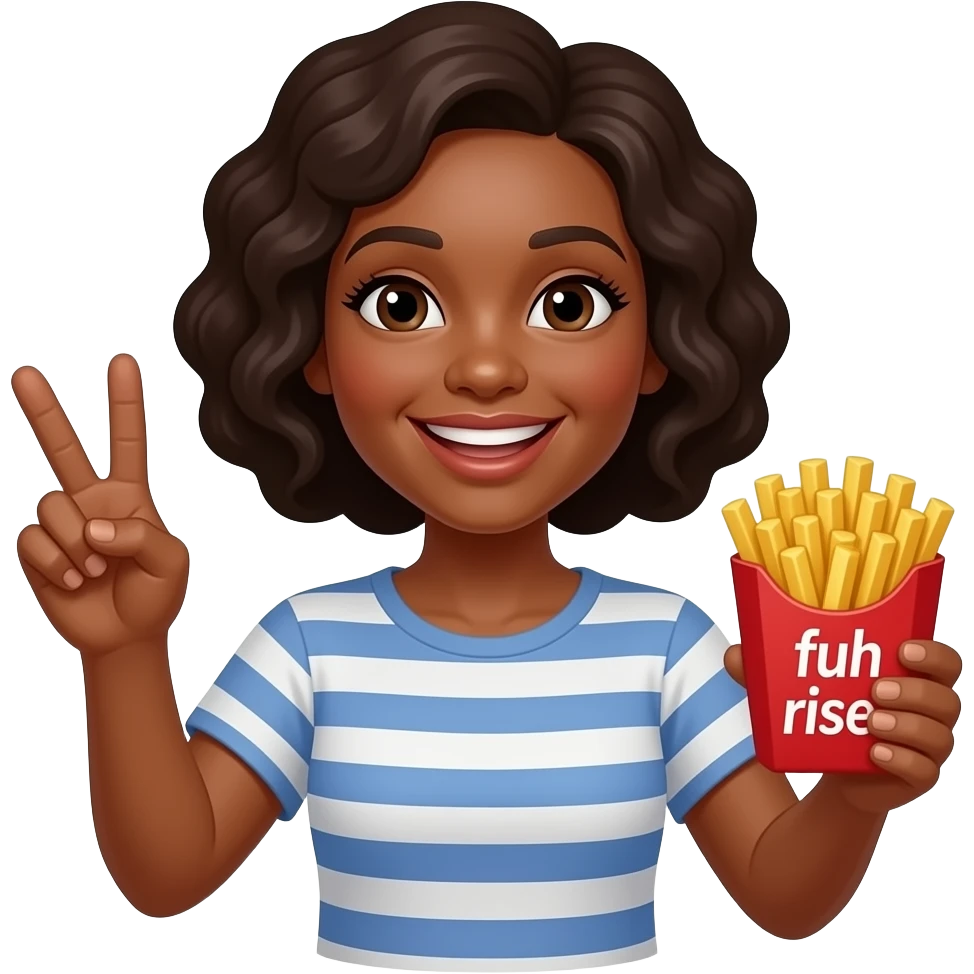 A black women smiling holding up the peace sigh and holding up fries in the other hand saying fuh rise emoji