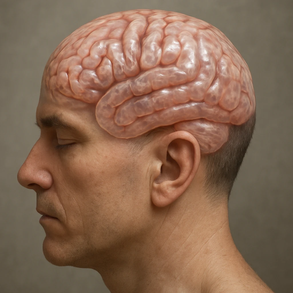 a brain visible on top of a human head, clear and expressive emoji