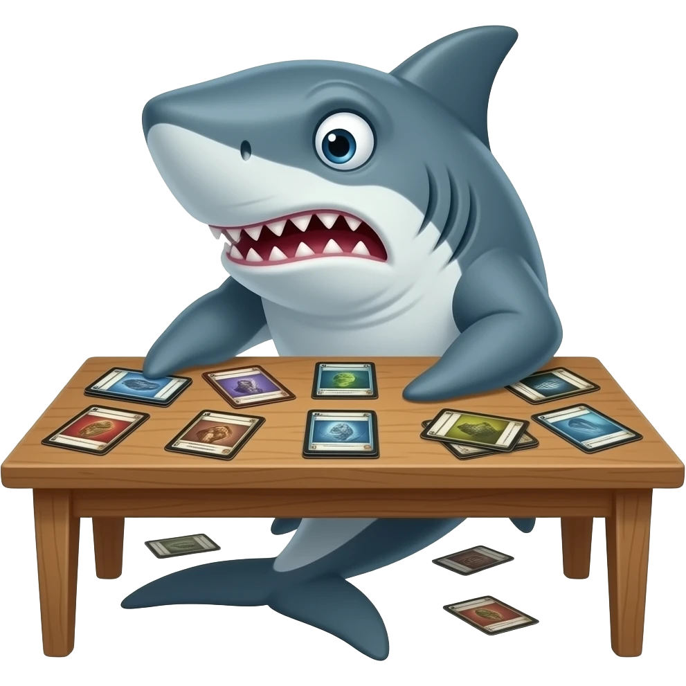 a disappointed shark flipping a table of Magic the Gathering cards emoji