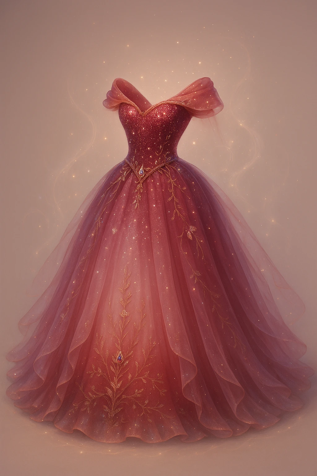 Transform this red ballgown into an even more fancy, ethereal, and mystical dress, combining fantasy and Disney princess elements. Add magical sparkles, flowing layers, and a dreamy, otherworldly aura. Style should reflect a fantasy Disney princess look with ethereal and mystical qualities. emoji