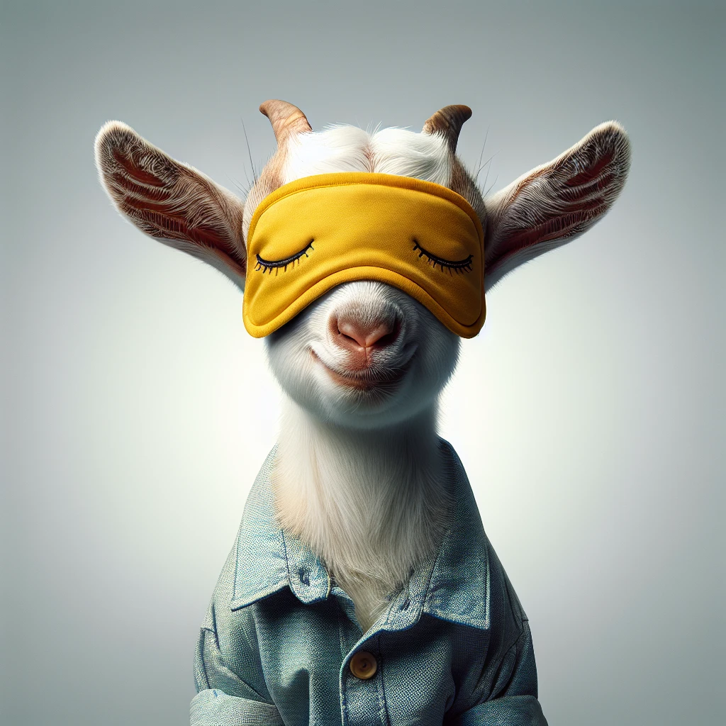 a goat with yellow sleep mask and wearing shirt, front view,  Frontal Top-Down Soft Light, white background, portrait, casual cartoon stylized emoji