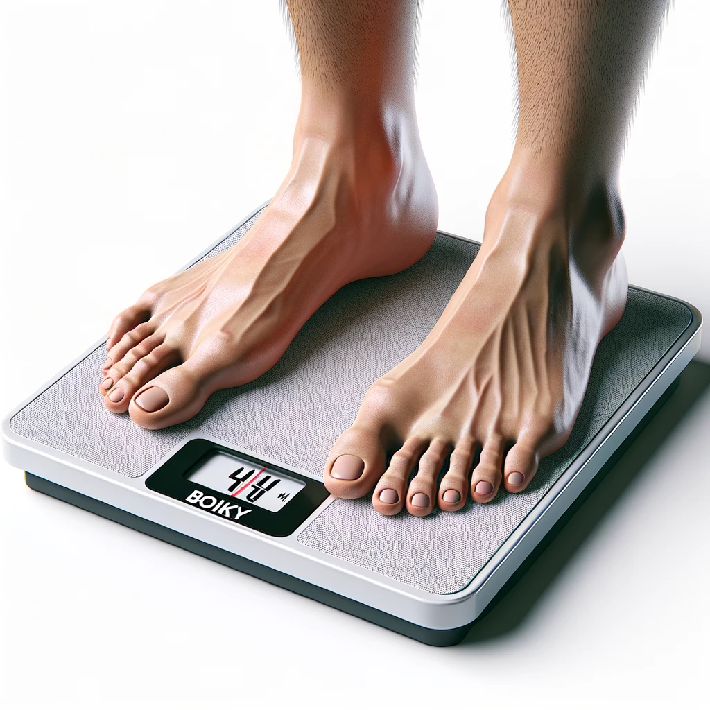piedi di un corpo umano anatomico su una bilancia pesapersone, si sta pesando perché è ingrassato, iperrealistico 4k, isolato su sfondo bianco emoji
