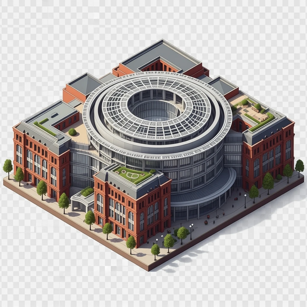 Isometric illustration of photorealistic Birmingham library highly detailed in semi-realistic, 3D miniature effect, transparent background. emoji